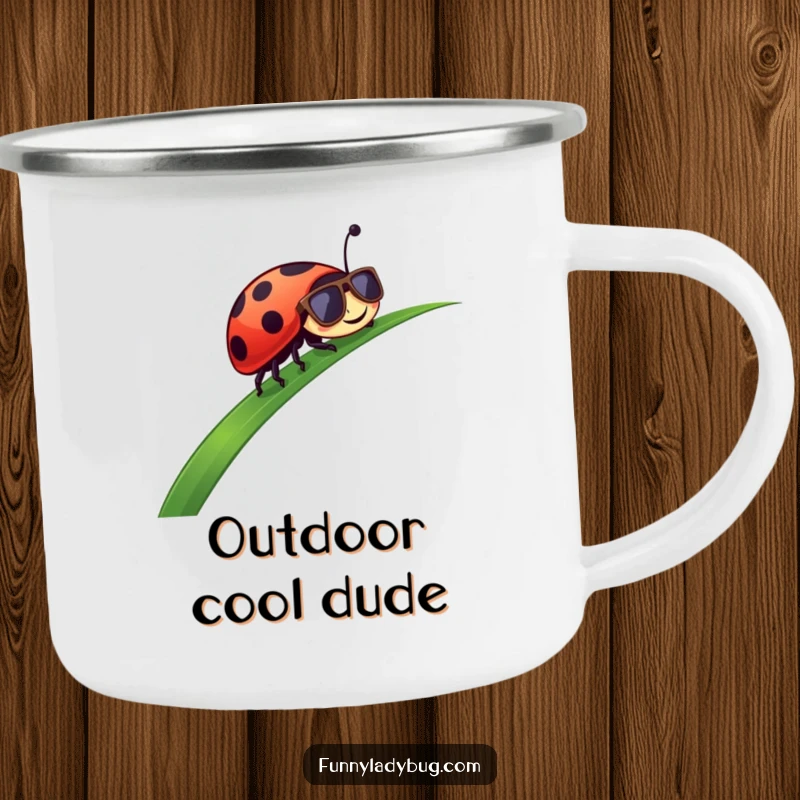 Funny Camping Mug: A ladybug wearing sunglasses slides down grass, perfect for cool outdoor enjoyment.