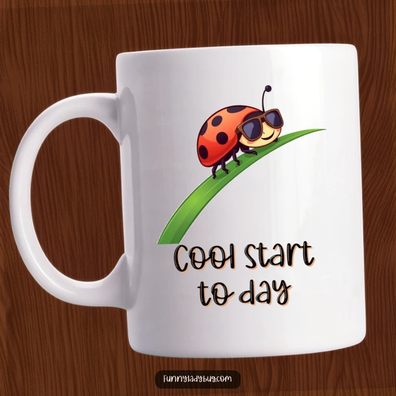 Funny Mug: A happy ladybug in cool sunglasses slides down a blade of grass, radiating pure summer fun.