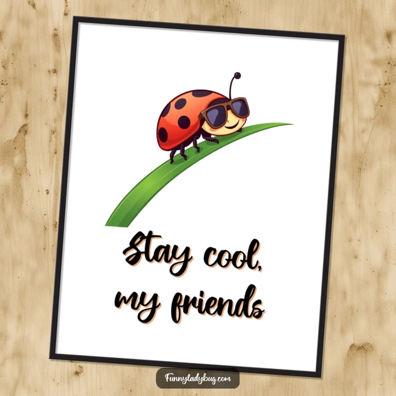 Funny Digital Art Print: A ladybug wearing sunglasses slides down a blade of grass, embodying cool, relaxed fun.