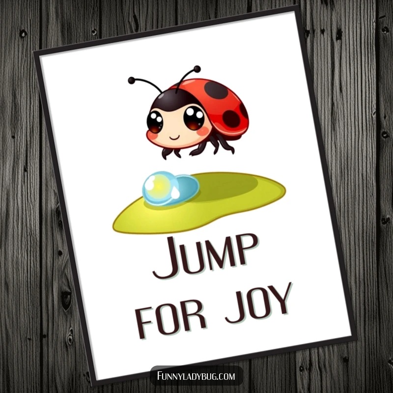 Funny Digital Art Print: A large-eyed ladybug makes an energetic leap over a dewdrop, offering whimsical and animated wall decor.
