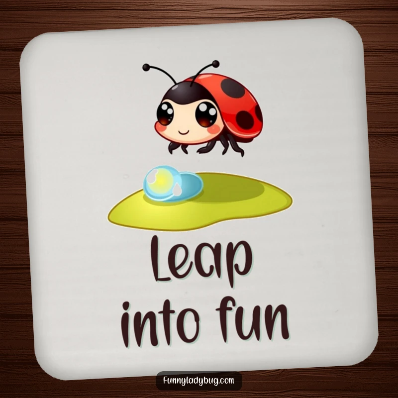 Funny Coasters: A cute ladybug with large eyes performs a bouncy leap over a dewdrop, adding humor to your table.