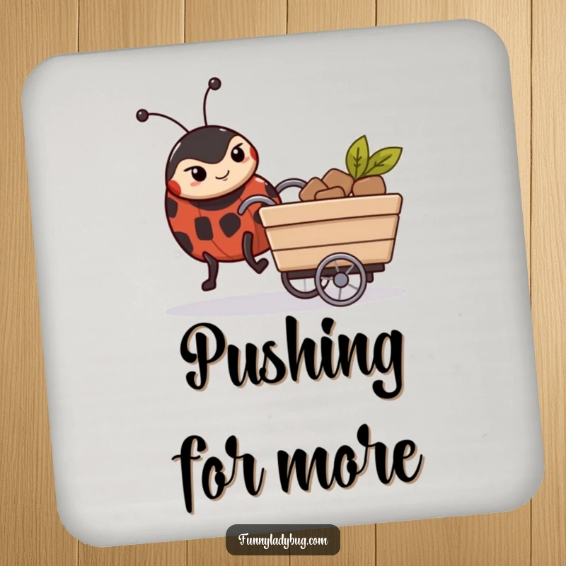 Funny Coasters: A determined ladybug pushes a tiny cart, adding a humorous and motivational touch to your drinks.
