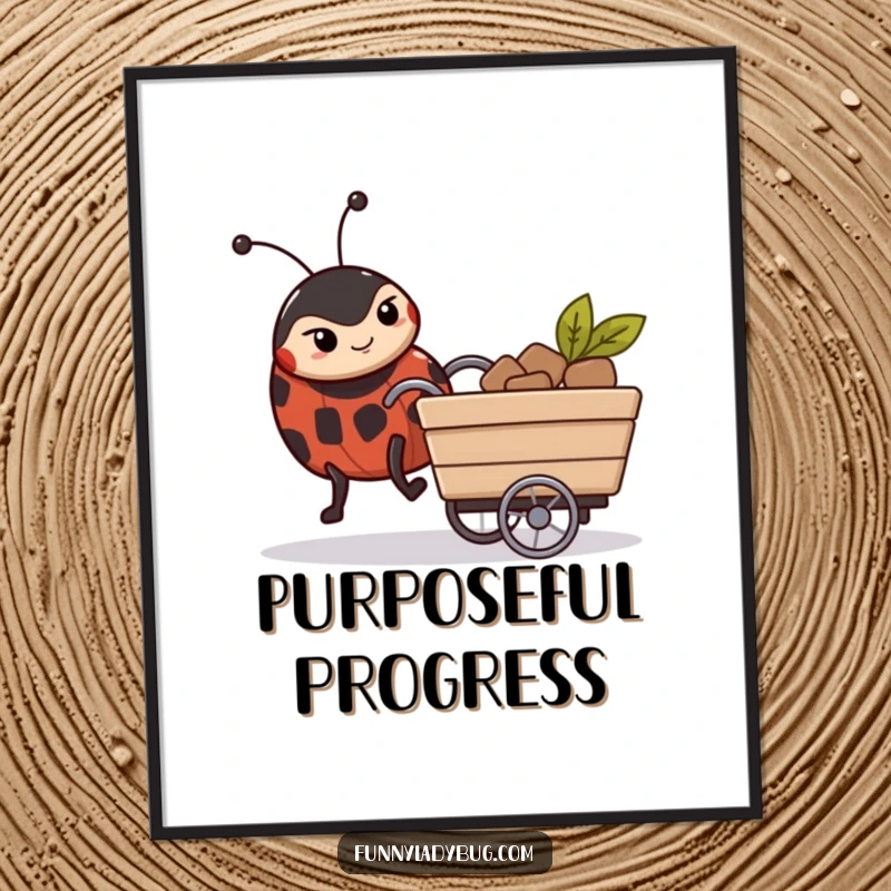 Funny Poster: A ladybug with a resolute expression pushes a small cart, symbolizing determination and the pursuit of goals.