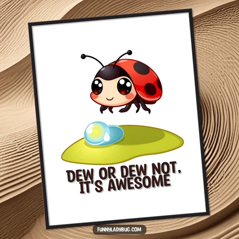 Funny Free Printable Wall Art: A bouncy ladybug with huge eyes mid-leap over a shining dewdrop.