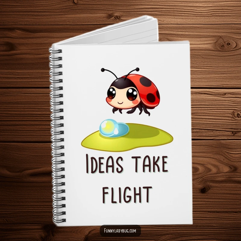 Funny Notebook: A cute ladybug with large eyes leaps over a dewdrop, perfect for jotting down funny thoughts and ideas.