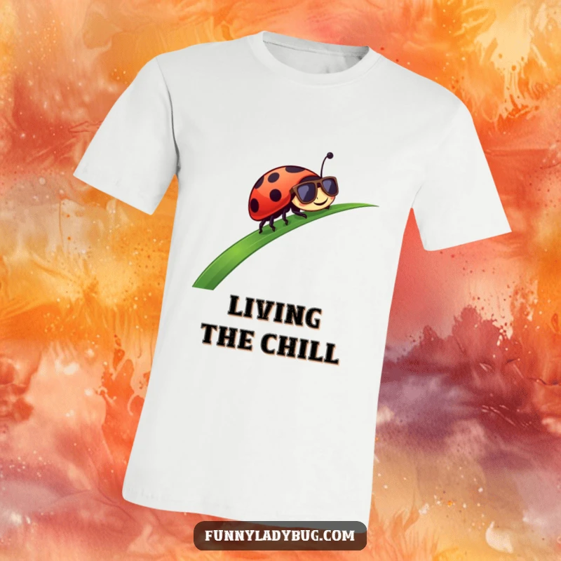 Funny T-Shirt: A stylish ladybug sporting sunglasses joyfully slides down a green blade of grass, embodying cool relaxation.