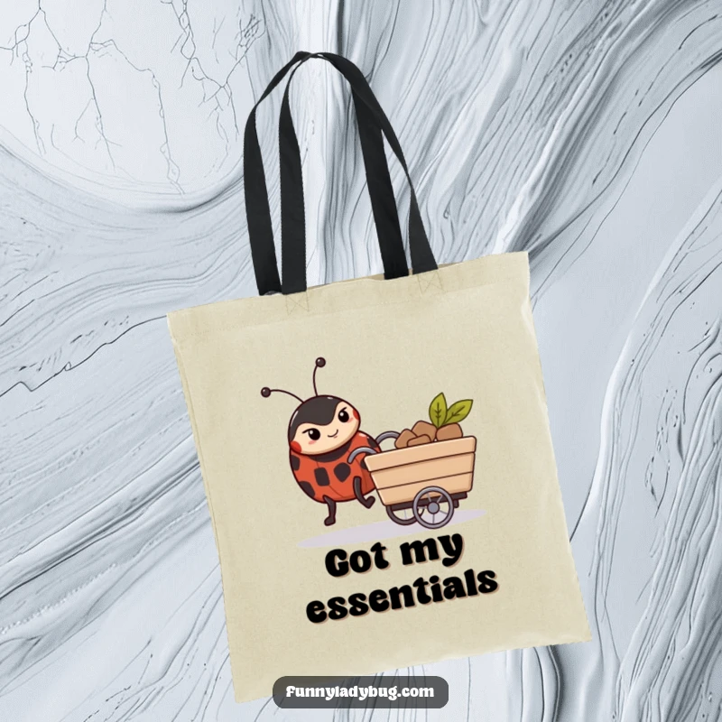 Funny Tote Bag: A ladybug with a determined look pushes a little cart, perfect for carrying life's necessities with style.